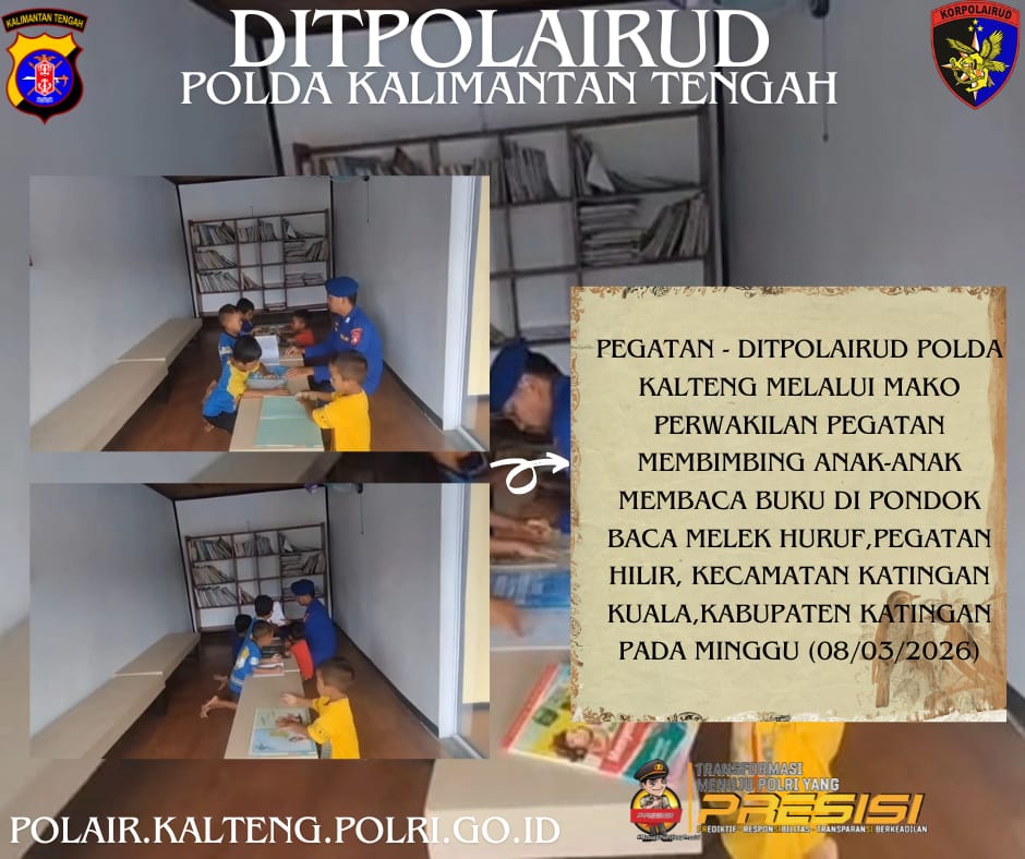 Personel Ditpolairud Bimbing Anak-Anak Membaca Buku Di Mako Perwakilan Pegatan Das Katingan