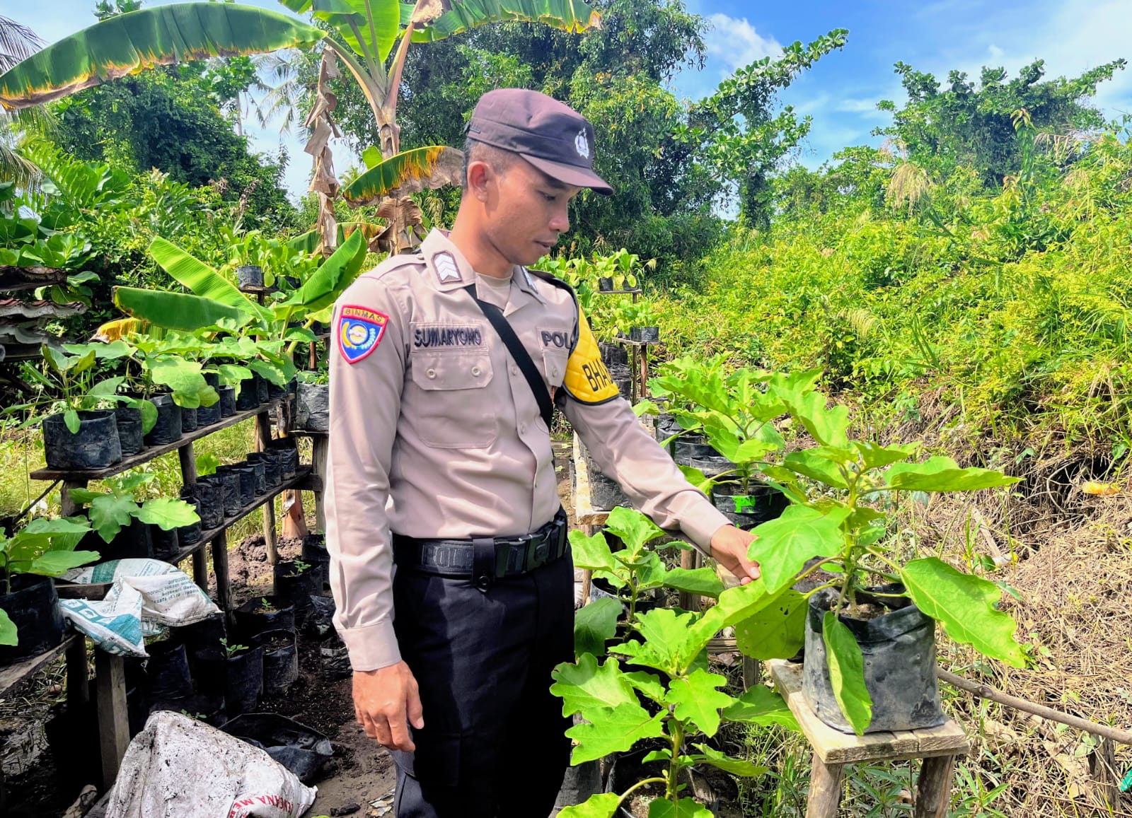 Bhabinkamtibmas Melakukan Pengecekan Lokasi Pemanfaatan Lahan Pekarangan Warga Desa Binaannya