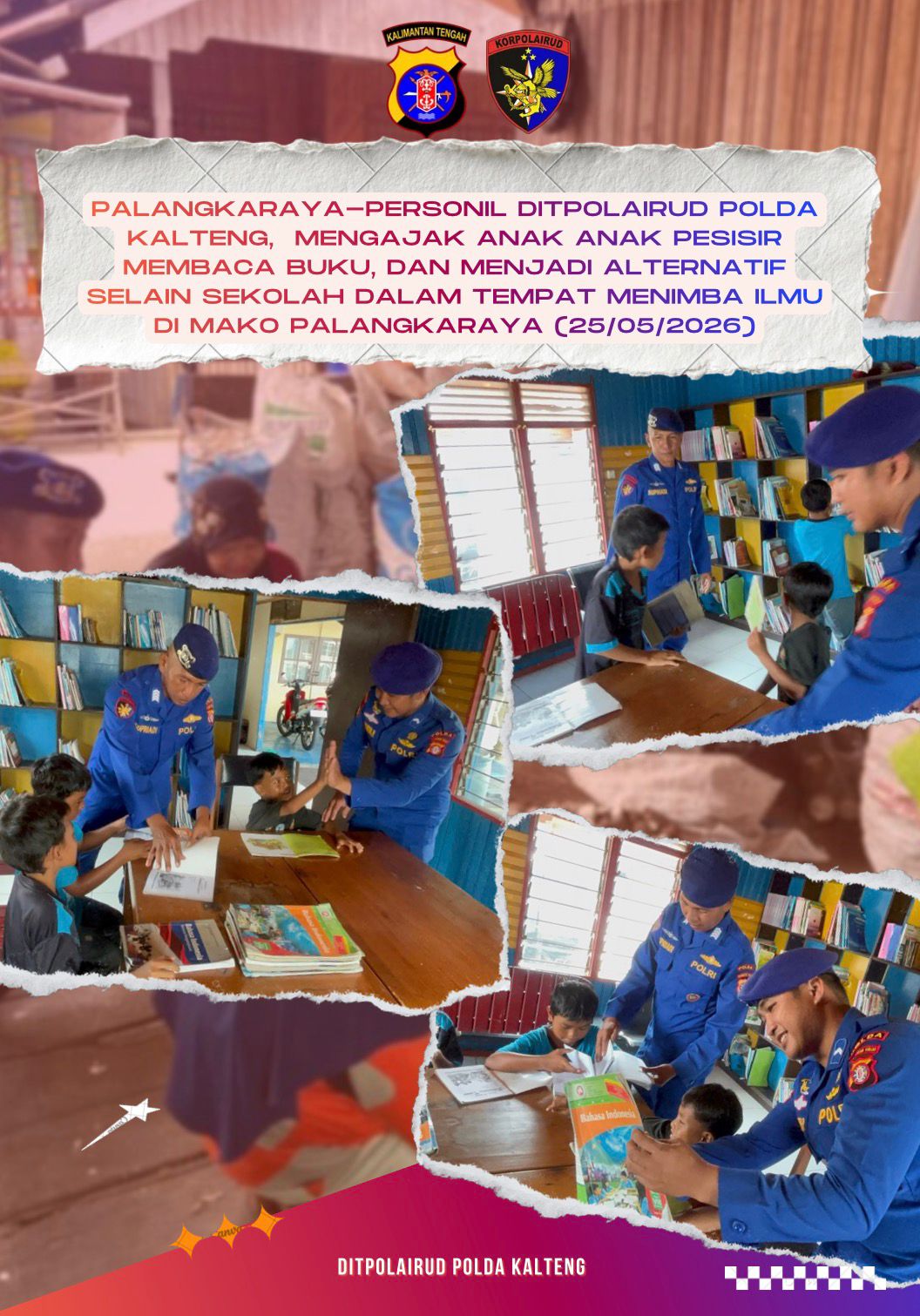 Personel Ditpolairud Polda Kalteng ajak anak anak pesisir belajar di Pondok baca.