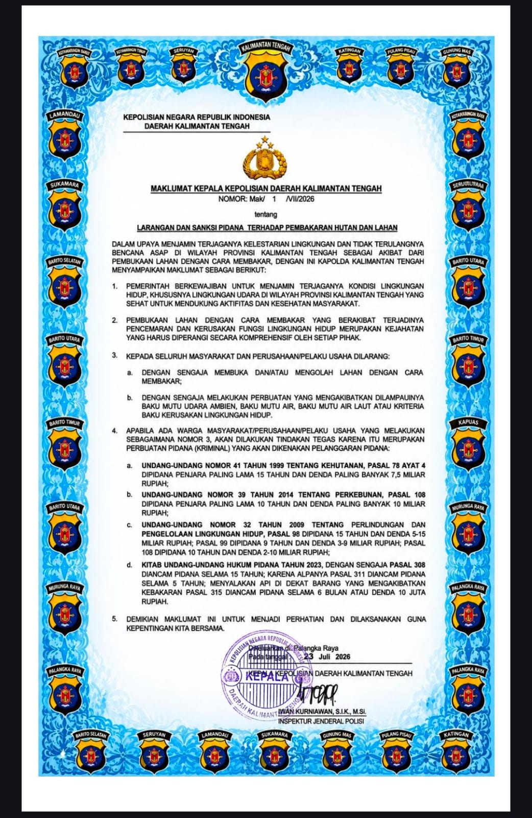 Kapolda Kalteng Ingatkan Sanksi Pidana Pembakaran Lahan