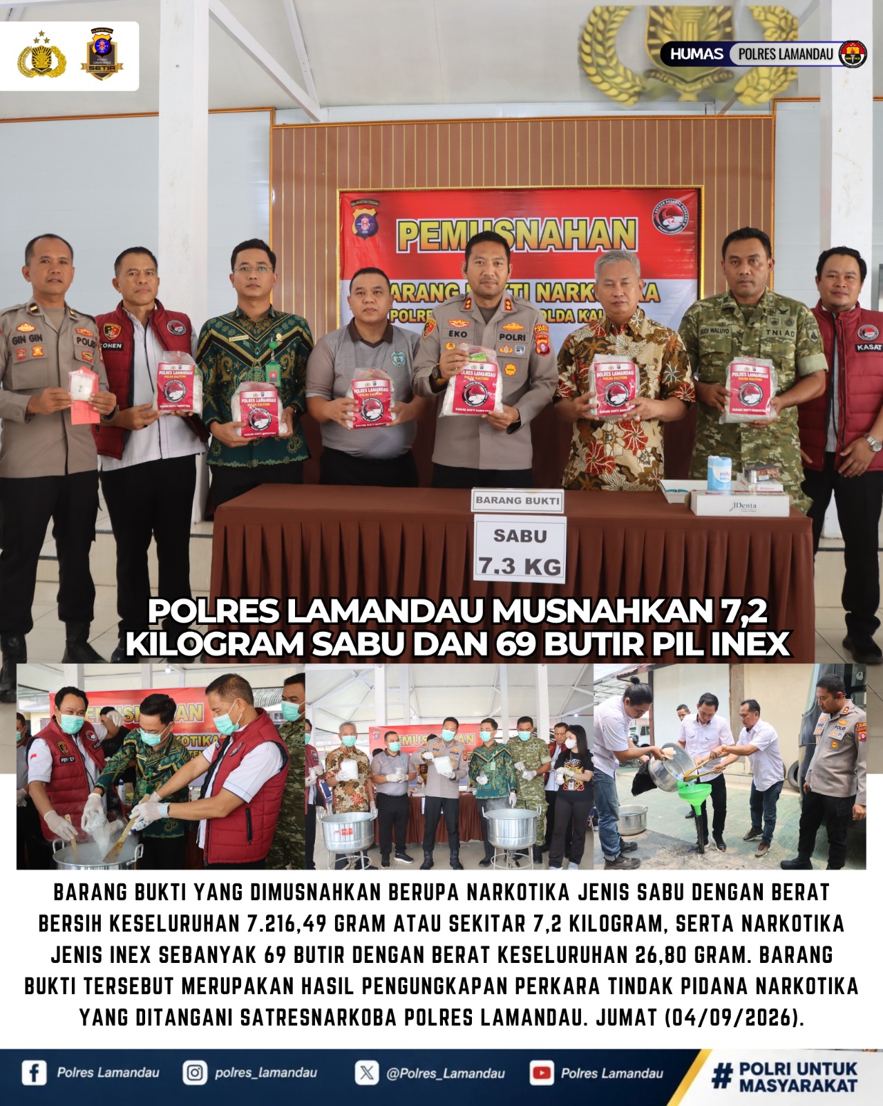 Polres Lamandau Musnahkan 7,2 Kilogram Sabu dan 69 Butir Pil Inex